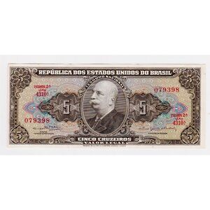 Brazil 5 Cruzeiros 1940s Barão do Rio Branco Thomas de la Rue Note XF+ Conquista